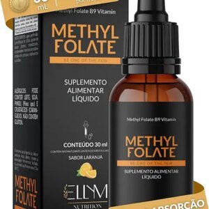 Vitamina B9 Metilfolato em Gotas Sublingual 30 mL ELLYM NUTRITION Sabor Laranja O Ácido Fólico Auxilia na Formação do Tubo Neural do Feto Durante a Gravidez (30 mL)
